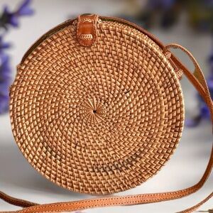 Vintage Ata Grass and Rattan Canteen Crossbody Bag Leather Trim Snap Closure
